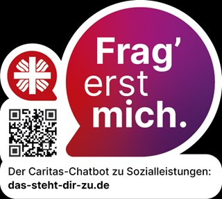 QR-Code mit einer Sprechblase zum Thema Caritas-Chatbot zu Sozialleistungen
